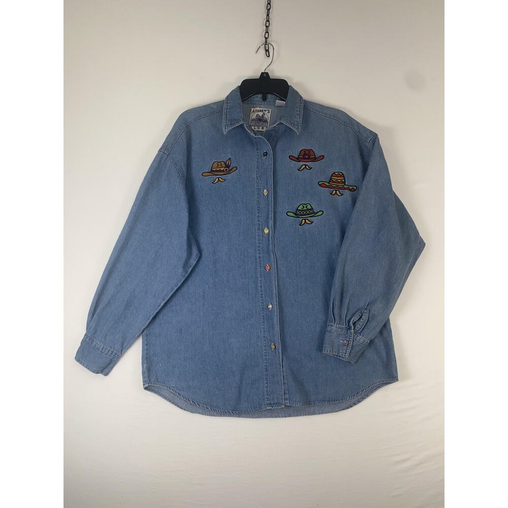 Vintage Andrew's Blues Shirt Mens Large Blue Long Sleeve Sombrero Embroidered